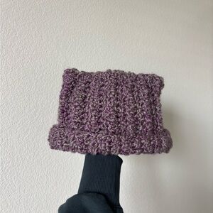 Purple and grey crocheted beanie